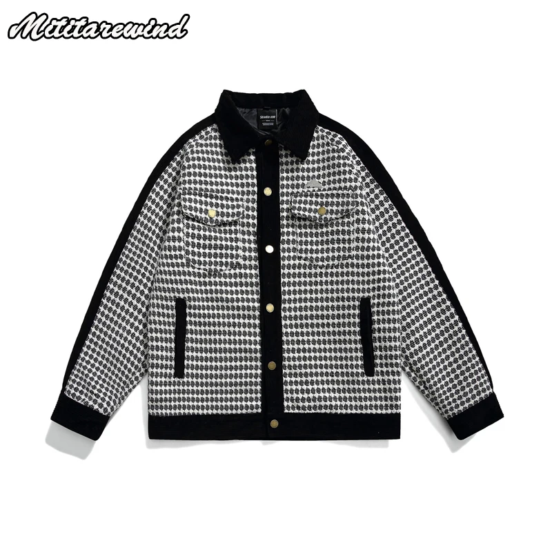 

American High Street Trrndy Spliced Plaid Black And White Jackets For Men Autumn Corduroy Hip Hop Streetwear Oversize Youth Tops