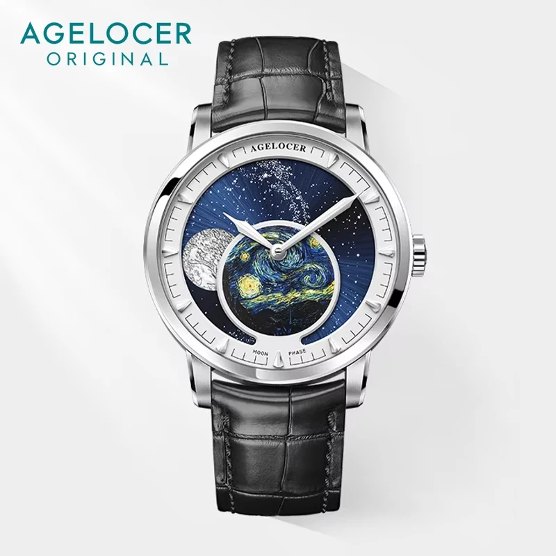AGELOCER Original Astronomer Watch Van Gogh Oil Painting Men Luxury Automatic Mechanical Moon Phase Watch Birthday Gift for Men