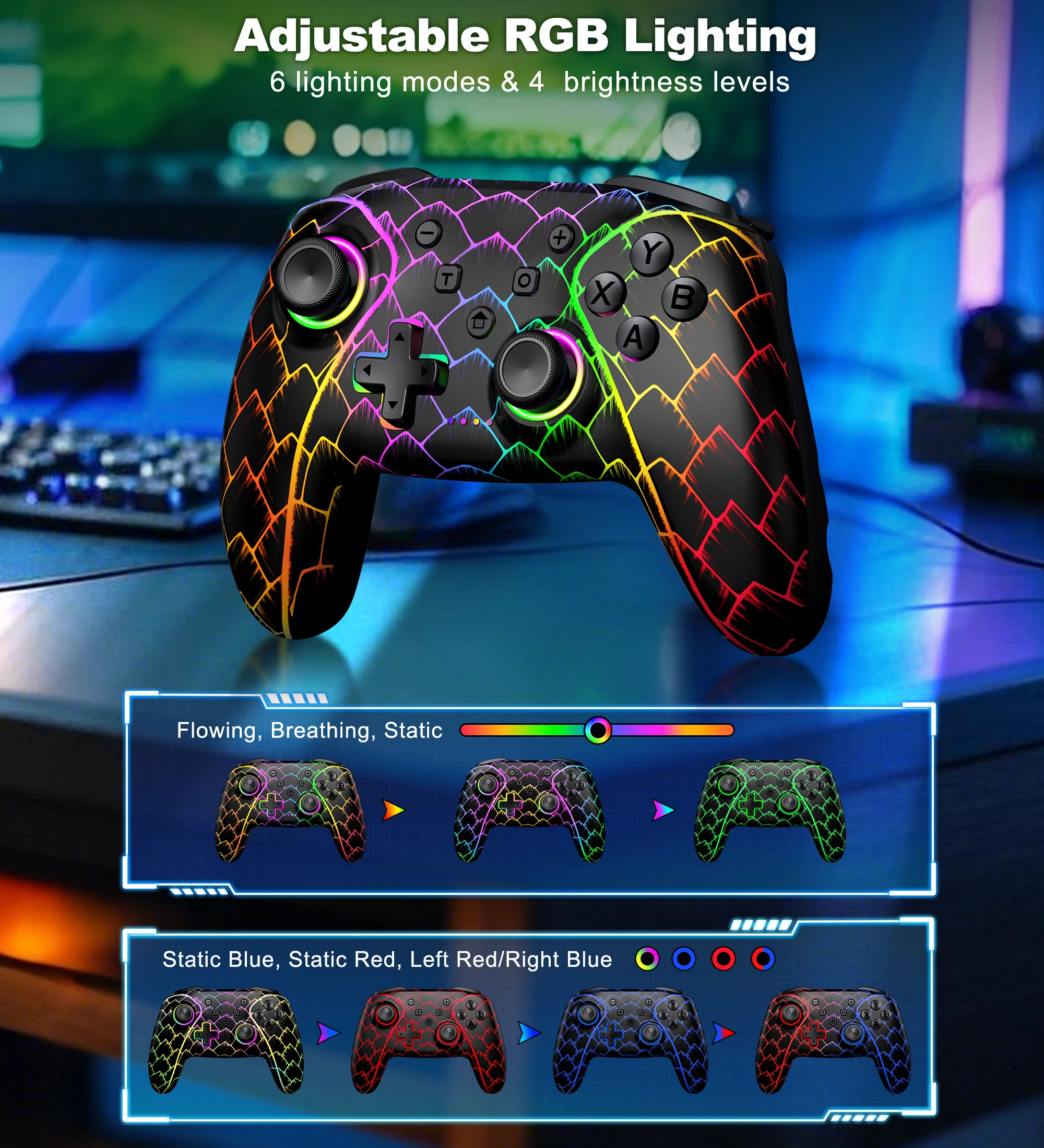 Dinofire Wireless Bluetooth RGB Controller for Nintendo Switch/Switch OLED/Lite Mobile Wired PC Gamepad Multi-Function Joystick