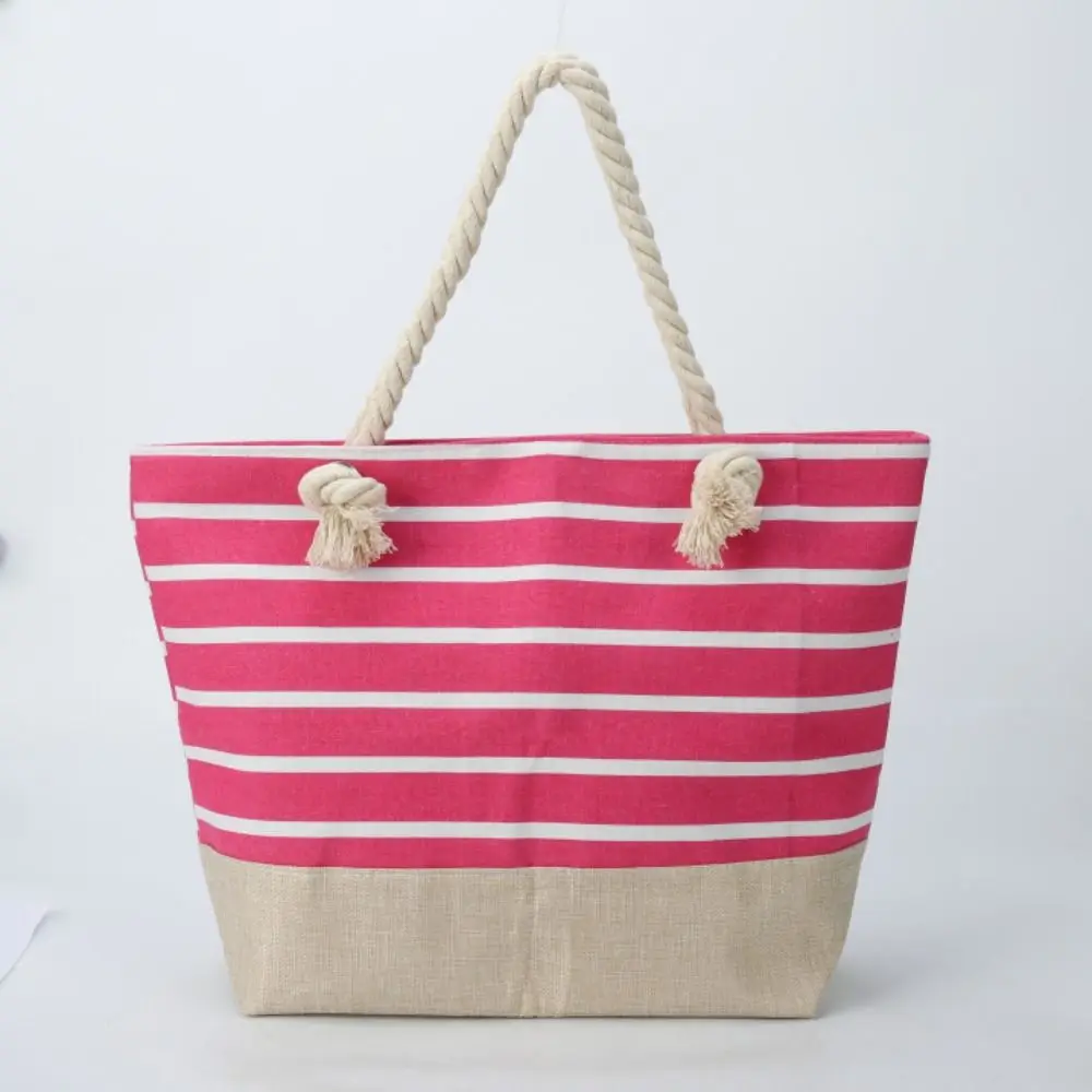 Striped Beach Tote Bag Large Capacity Canvas Shoulder Bag Foldable Zipper Travel Handbag For Travel Work Beach Gym Store