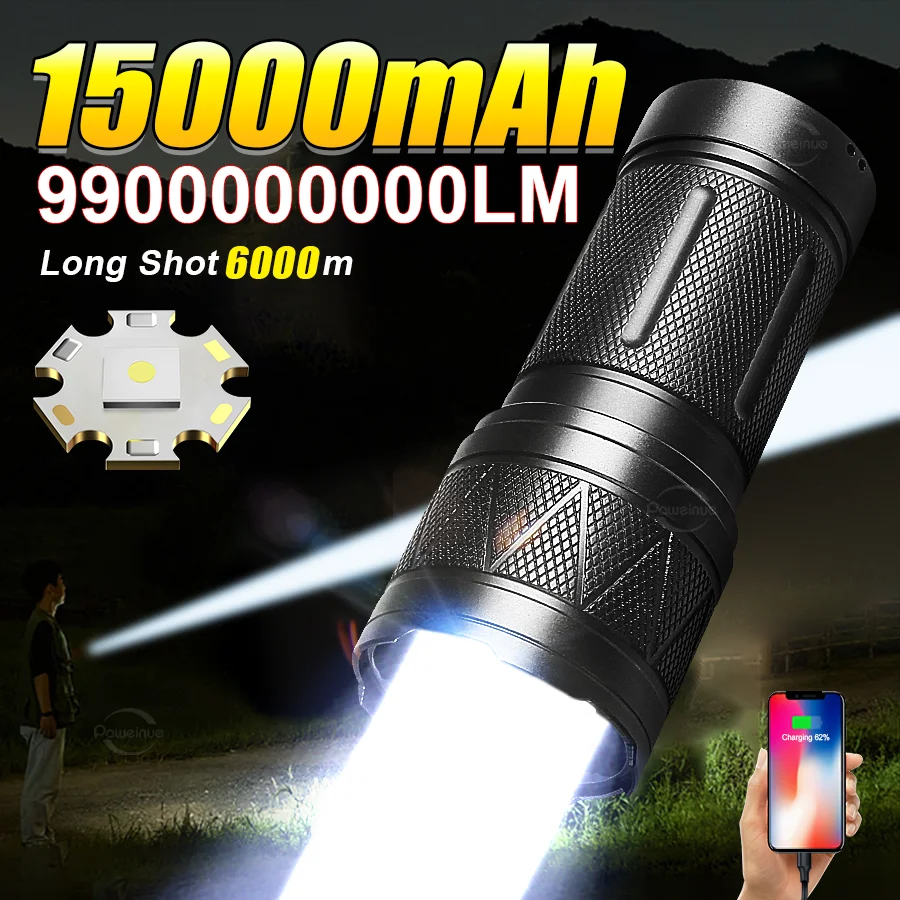 2026 NEW 990000000LM LED Handheld Flashlight Ultra-Bright 6000M 15000mAh Rechargeable High Strong Power Led Tactical Lantern