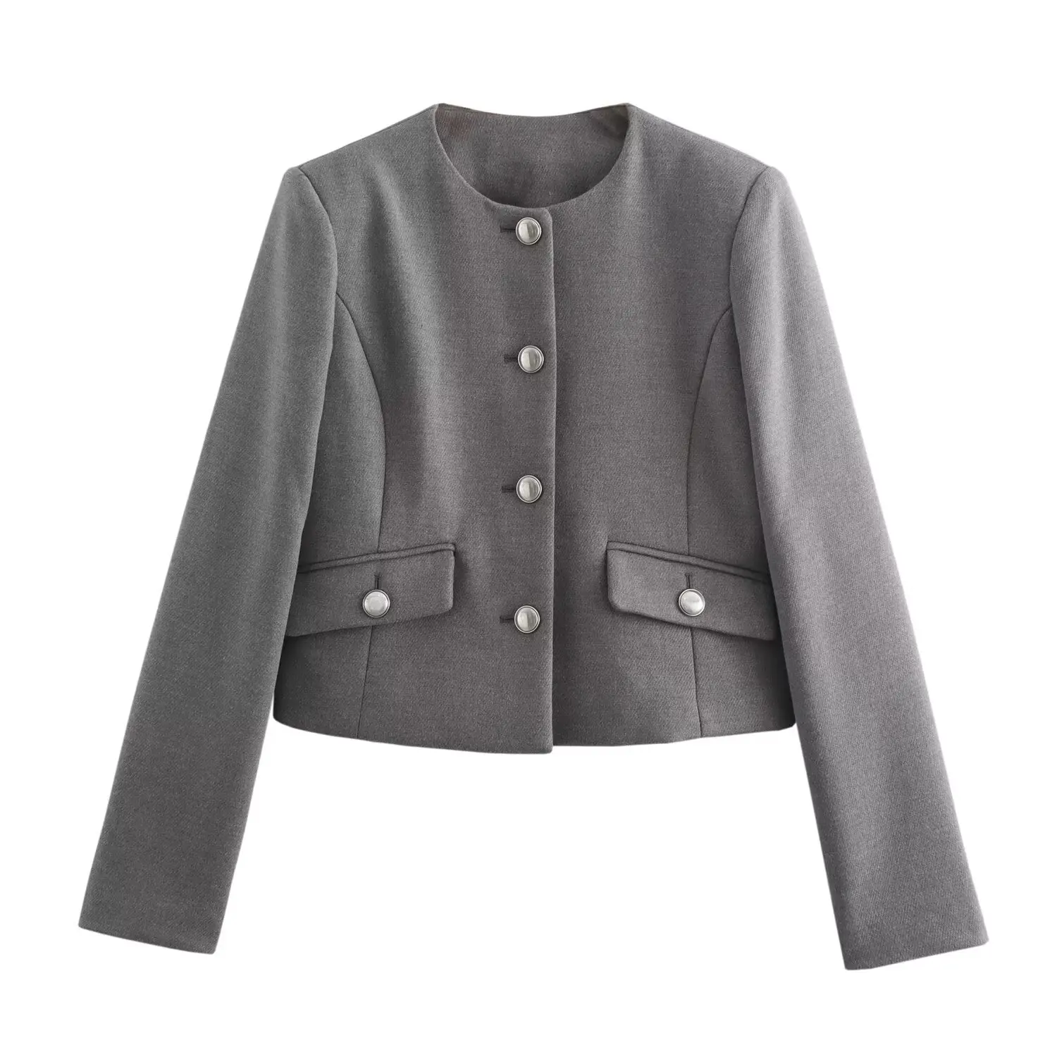 

HH TRAF 2024 Woman Casual Short Coats Grey O-Neck Long Sleeves Pockets Buttons Single Breasted Autumn Jackets Woman Trendy