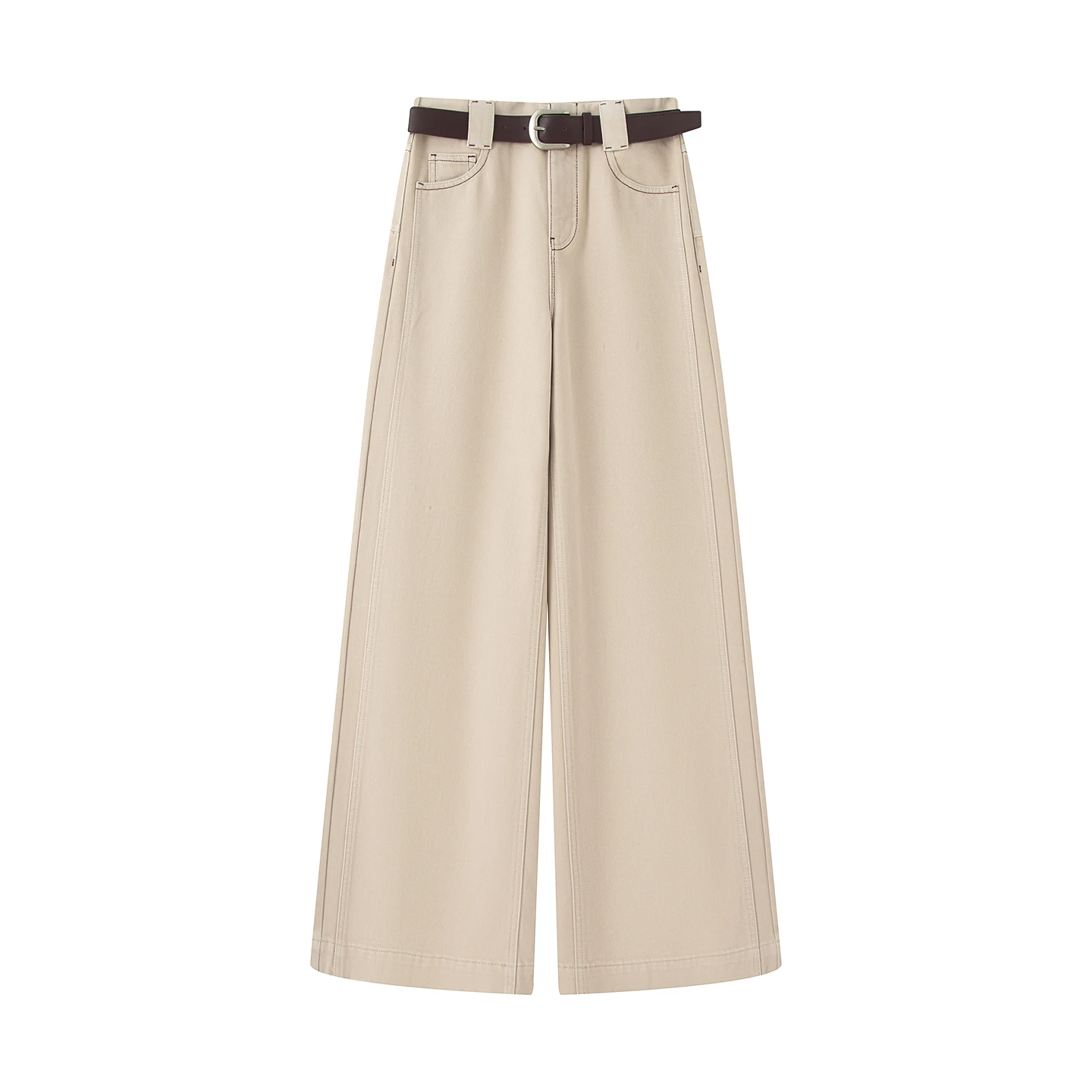 

Simple Design High Waist Wide Leg Jeans Belt Included Straight Cut Slimming Effectiven in Beige Casual Women's Trousers