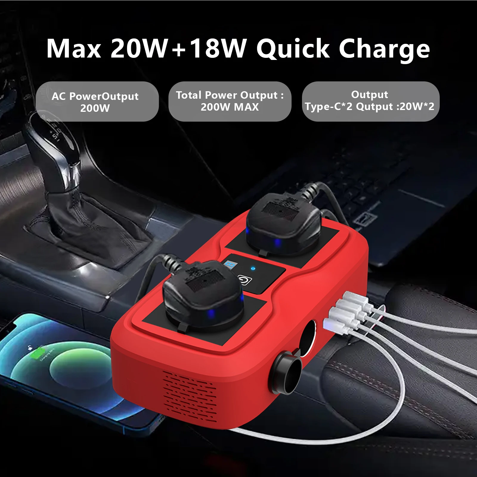 محول طاقة السيارة 200 وات تيار مستمر إلى تيار متردد 12 فولت-110 فولت مع QC3.0 نوع C مقبس الاتحاد الأوروبي مثبت تلقائيًا 400 وات طاقة الذروة لولاعة السجائر #2