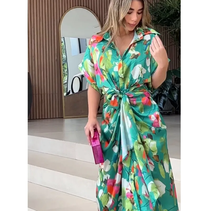 

Spring/Summer New Flower Long Dress Elegant Floral Print Large Hem Long Dress Waist V-Neck Ankle-Length