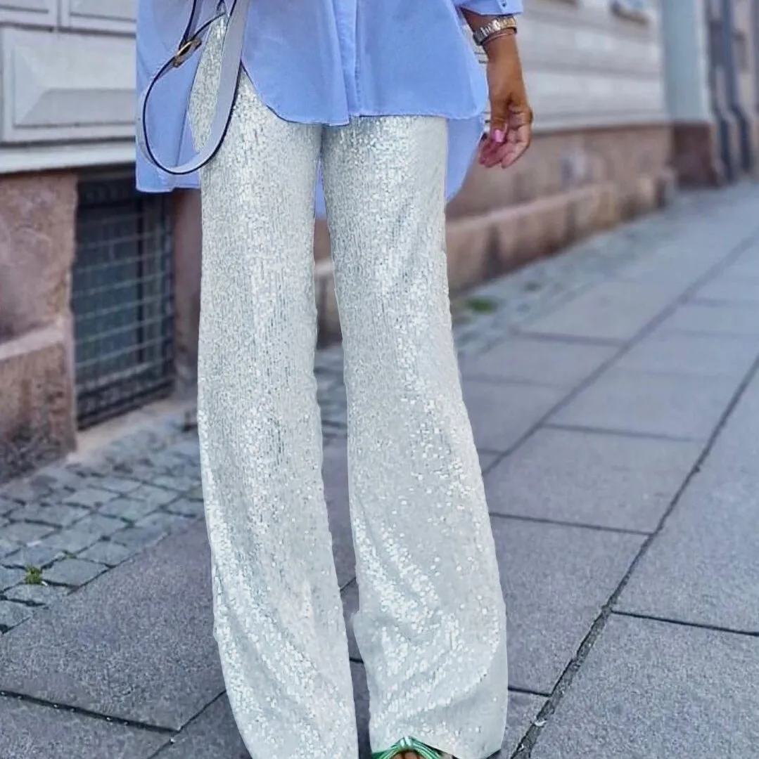 

Draped Solid Colour Women Pants Full Length Sexy Streetwear Style Sequin Fashion Casual Straight Leg Pants