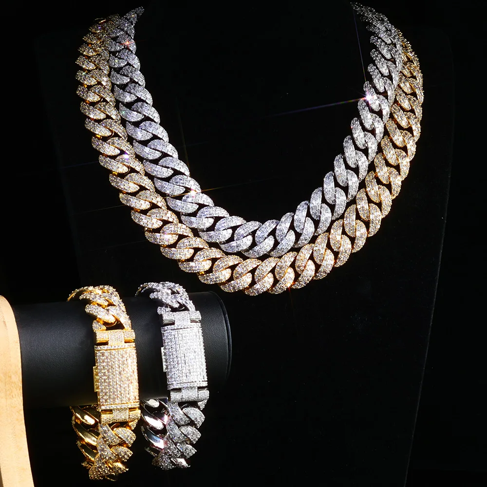 20mm NUOYA 925 Sterling Silver Moissanite Baguette Cut Cuban Link Chain Necklace Flip Lock Hip Hop Jewelry Pass Diamond Test.