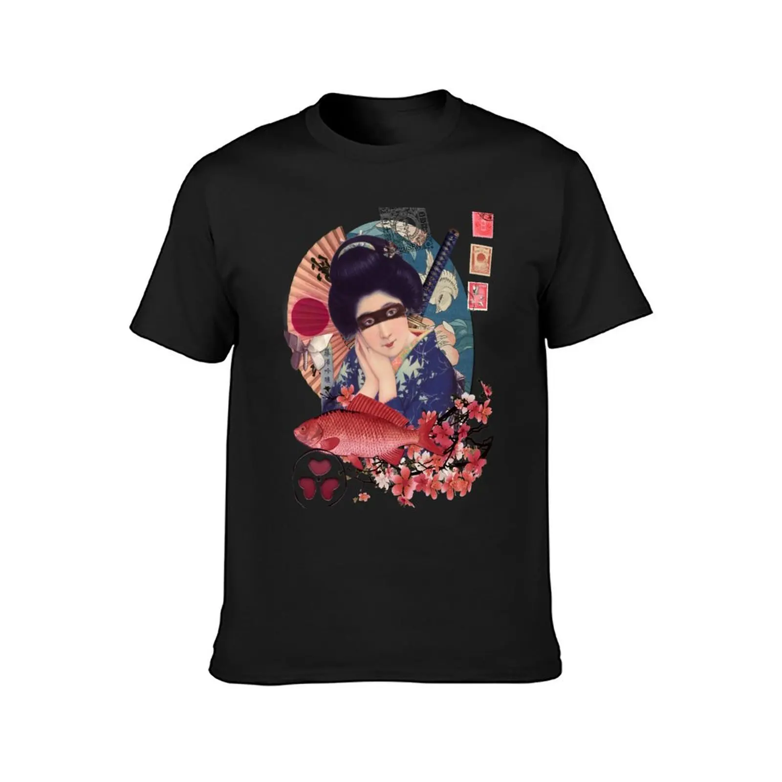 Collage Geisha Samurai in Coral, Indigo and Marsala T-Shirt quick drying Short sleeve tee Men's t shirts