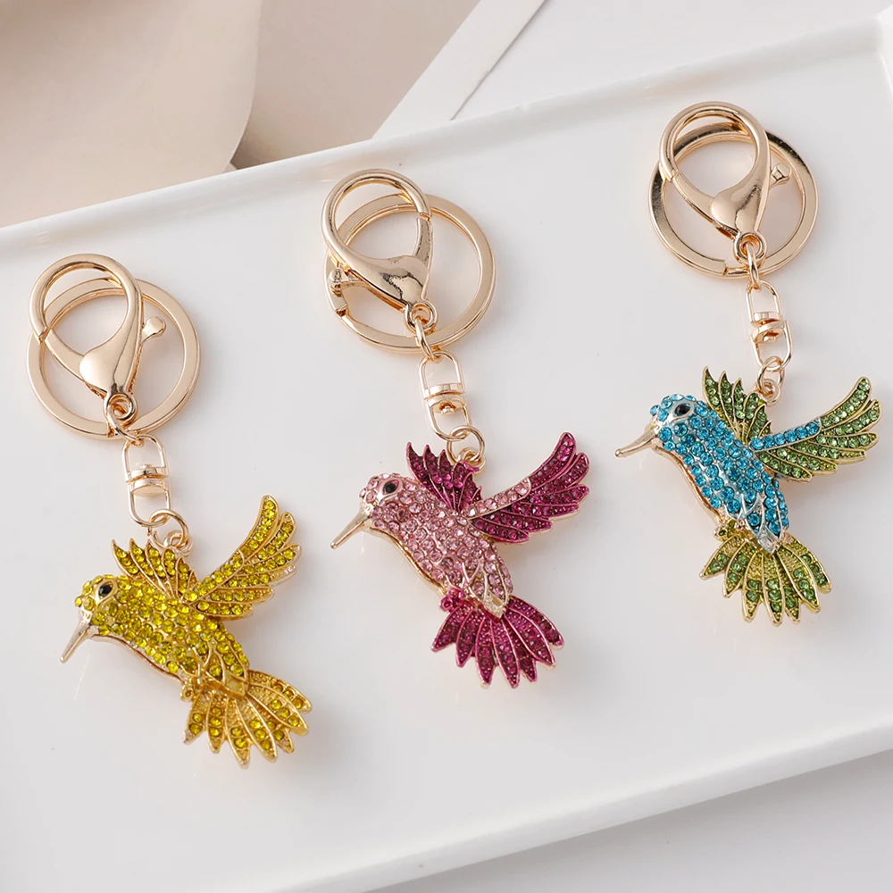 Sparkling Crystal High Quality Alloy Hummingbird Keychain Animal Women's Bag Pendant Metal Key Ring