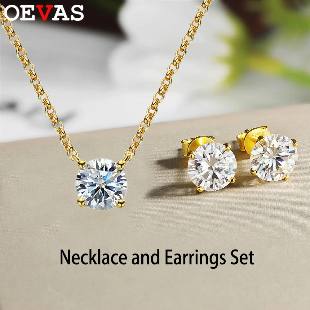 OEVAS 1CT-5CT Round Moissanite Four Claws Stud Earrings Necklace Set For Women S925 Silver Plated 18K Gold Wedding Party Jewelry