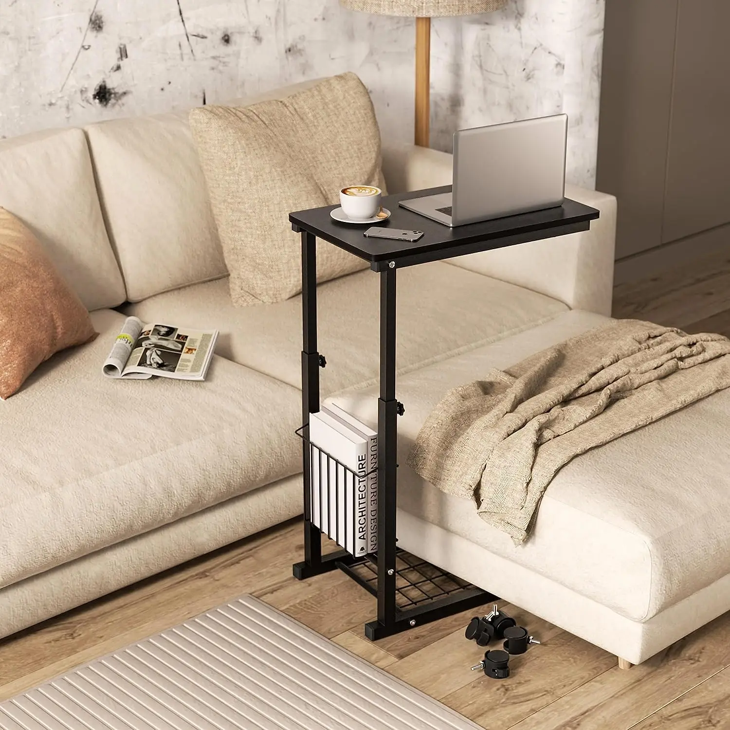 C-Shaped Side Table, Snack Side Table, Height Adjustable Sofa Side Table With Wheels, Sofa C-Shaped Table