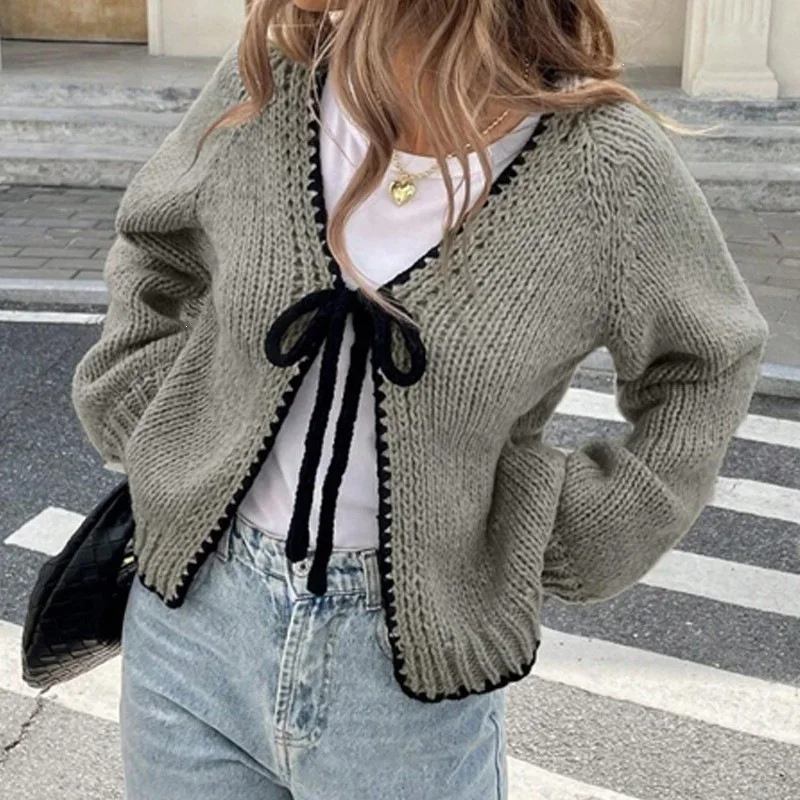 Women Loose Bow Tie Cardigan Sweater Long Sleeve V-neck Knit Top Casual Streetwear Elegant Lace Up 2026 Cozy Autumn Outerwears