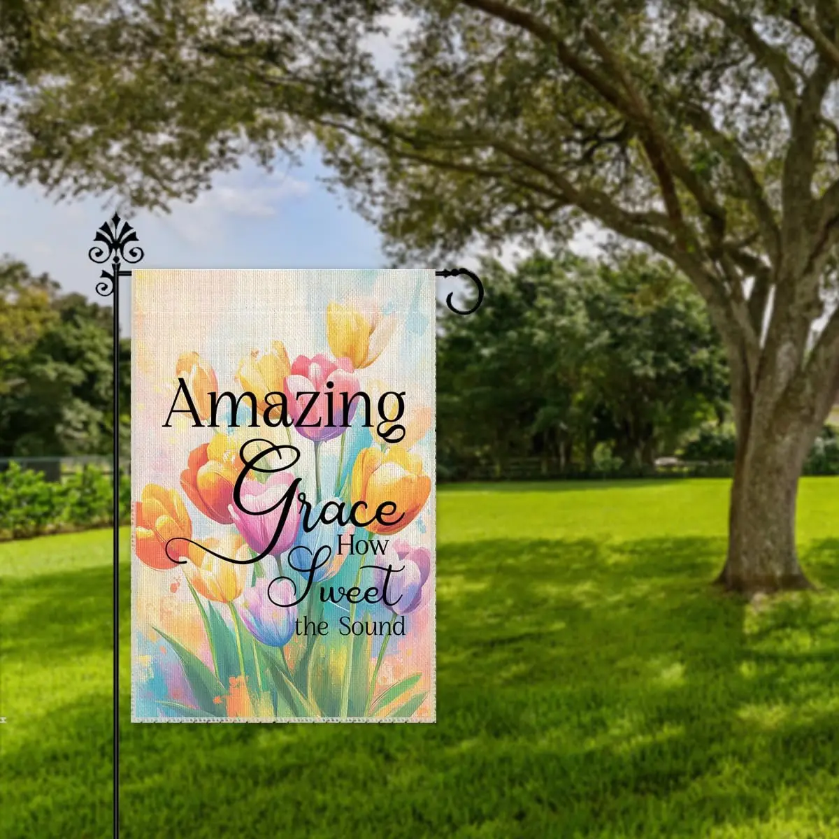 Hafhue Amazing Grace How Sweet The Sound Garden Flag, 12 x 18 Inch Double Sided Watercolor Tulip Yard Garden Lawn Patio Deco llp