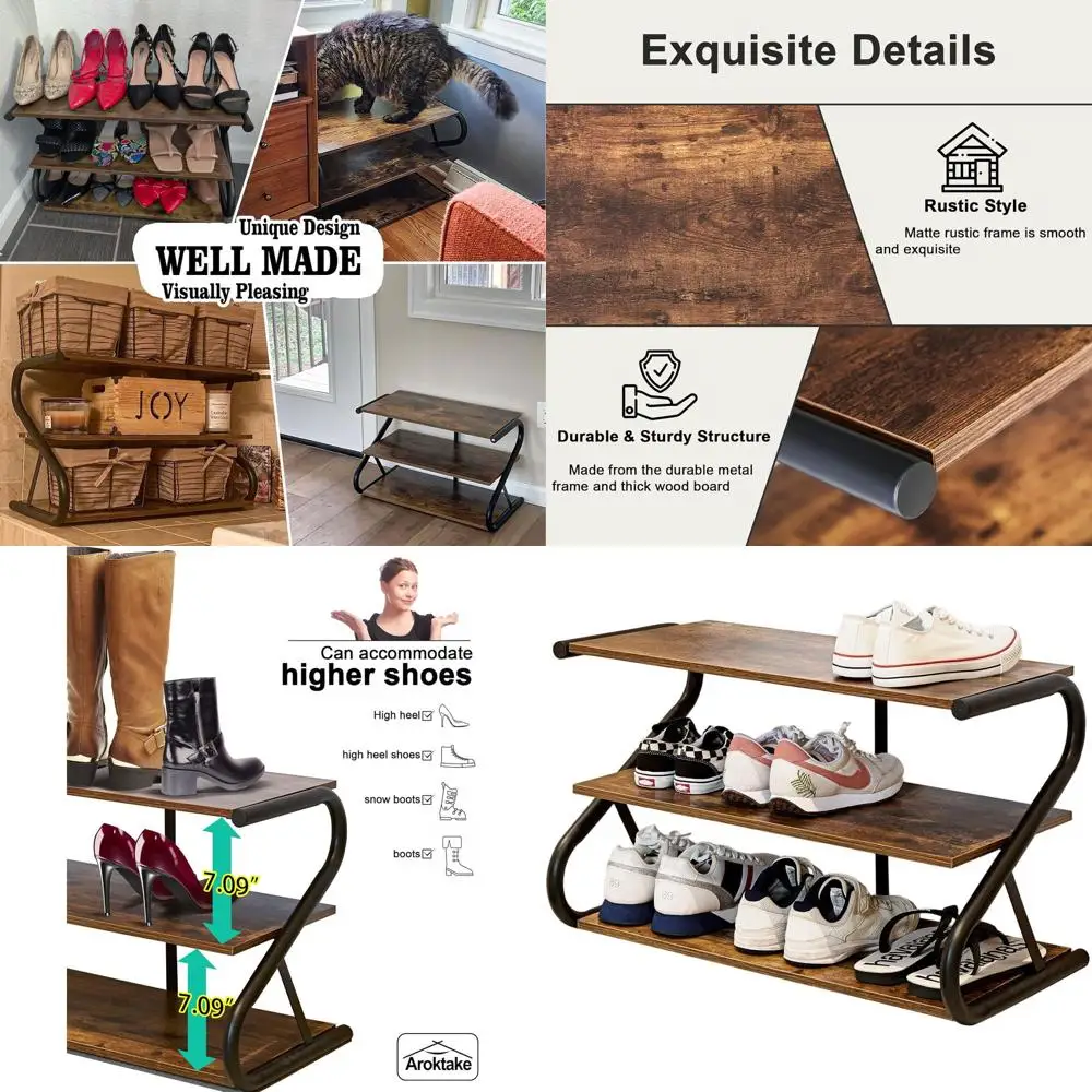 

Rustic 3-Tier Wooden Z-Frame Shoe Organizer with Metal Shelves for Home Storage