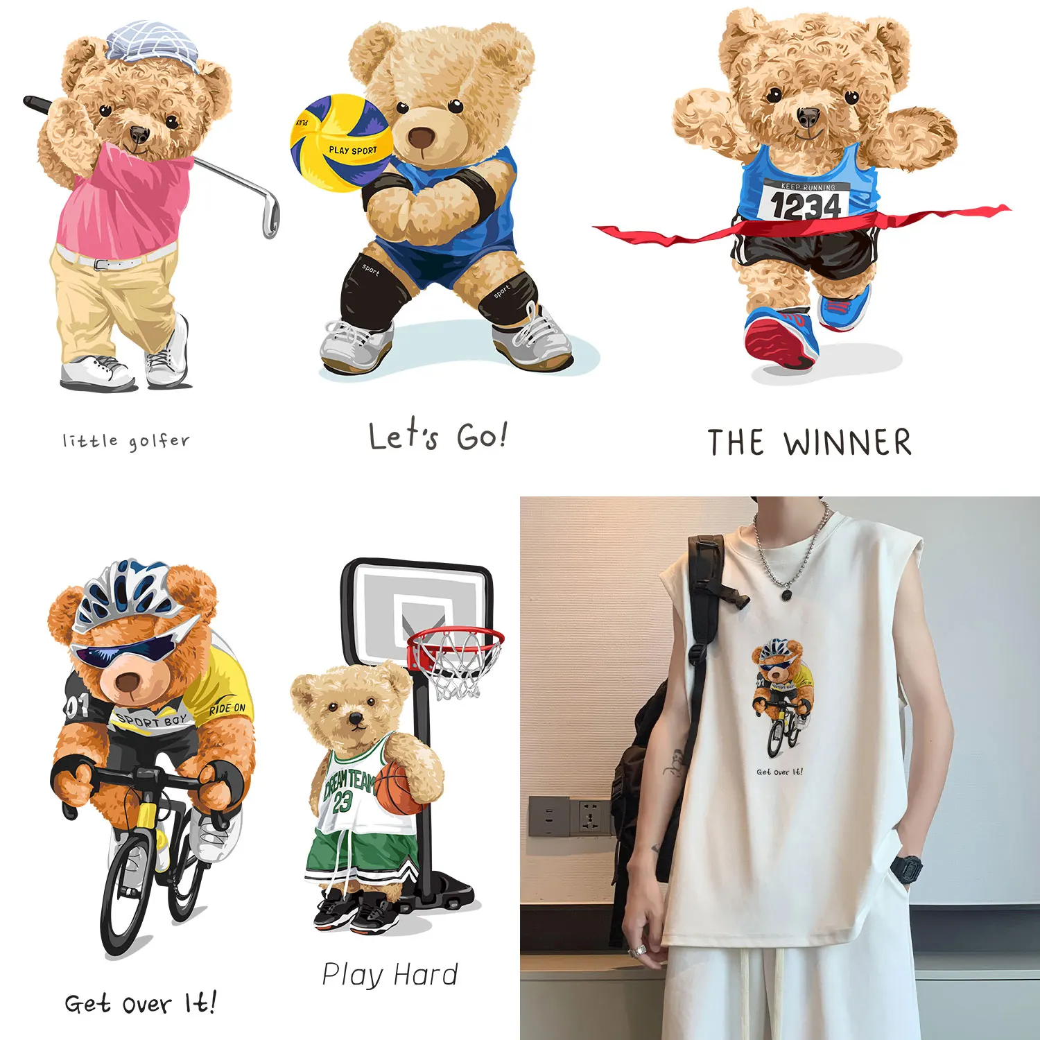 Bear Cute Cartoon Stickers Sport Style Basketball Football Golf Boxing Iron on Picture on Clothes DIY Appliques