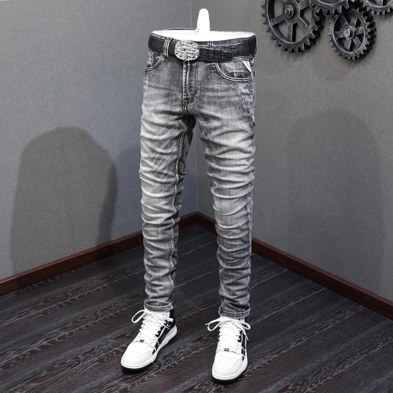 Newly Designer Fashion Men Jeans High Quality Retro Dark Gray Elastic Slim Fit Ripped Jeans Men Vintage Casual Denim Pants Homme
