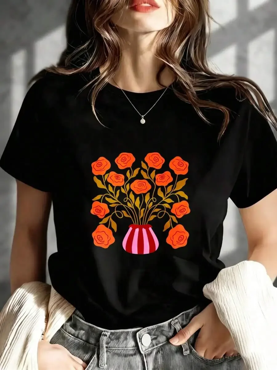 Women's Orange Roses in Vase Floral Print Summer Daily Casual Short Sleeve Crew Neck Graphic T‑Shirt Tee Top Clearance Sales
