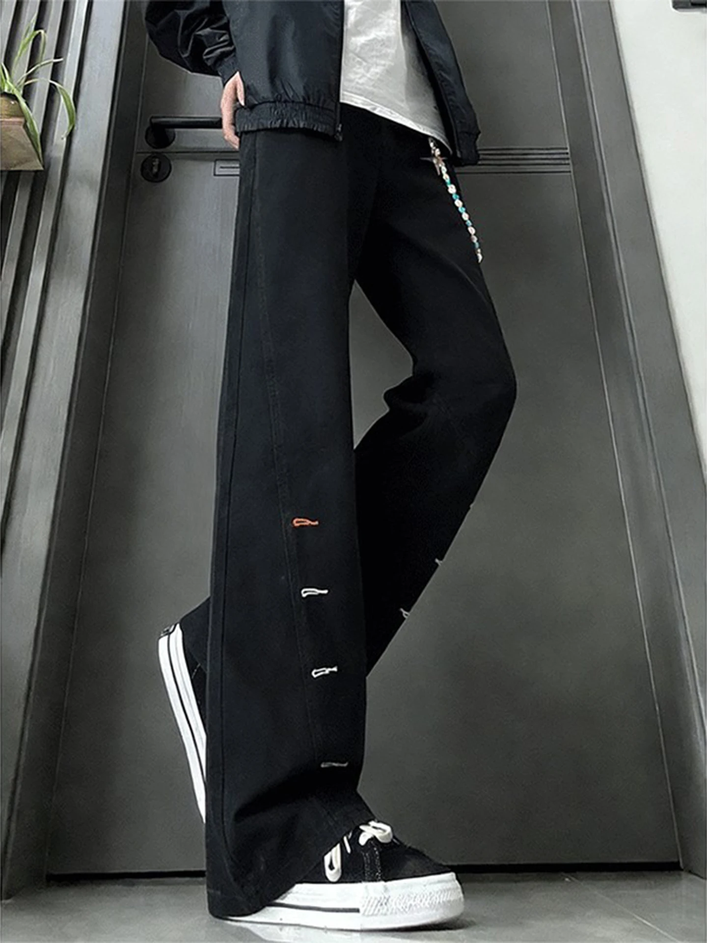 

Мужские джинсы Black Knife: американский уличный стиль, вышивка, прямой крой, микро-клеш, удлиненные, из хлопкового денима