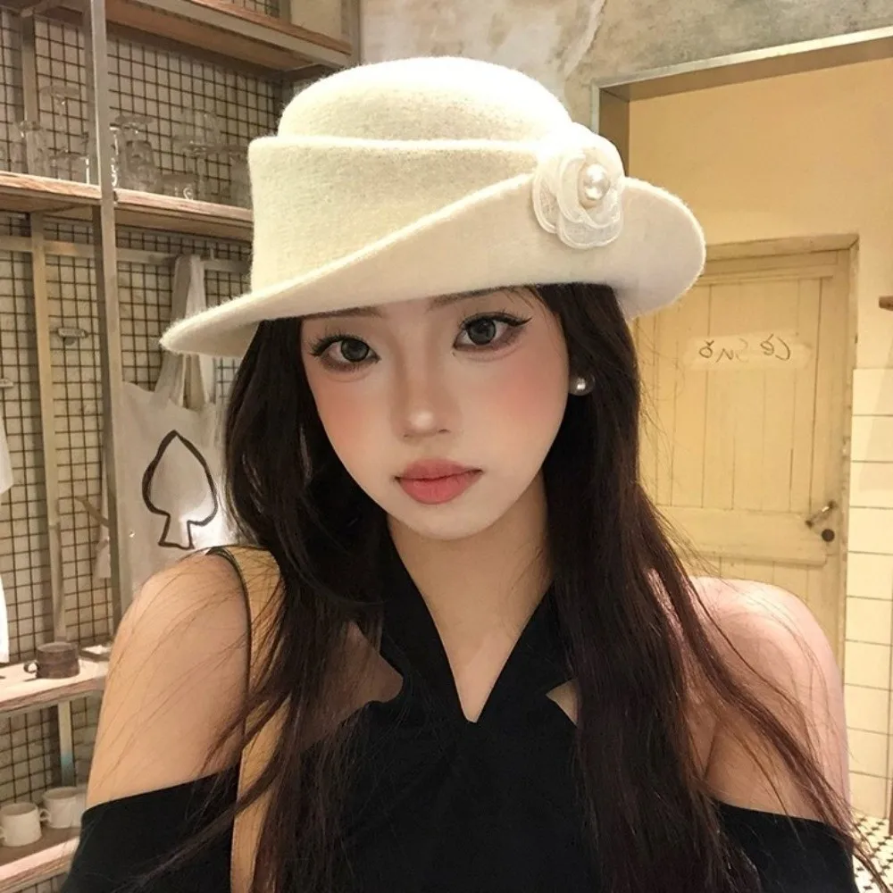 Retro Franse stijl Hepburn-stijl topperhoed wollen brede rand zwarte vilten hoed platte beige dames jazzhoed diner
