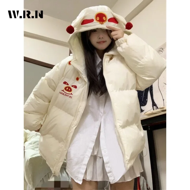 2024 Winter Koreanische Casual Y2K Einzelnen Parkas Drucken Zipper Jacke mit Hörnern Für Frauen Oberbekleidung Mode Warme Starke Mit Kapuze Mantel