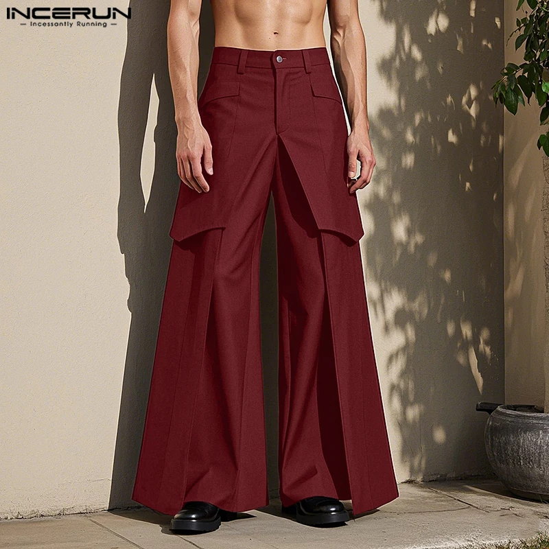 INCERUN American Style Pantalons New Men's Deconstruction Design Fake Two-piece Pant Leisure Streetwear Solid Wide Leg Trousers