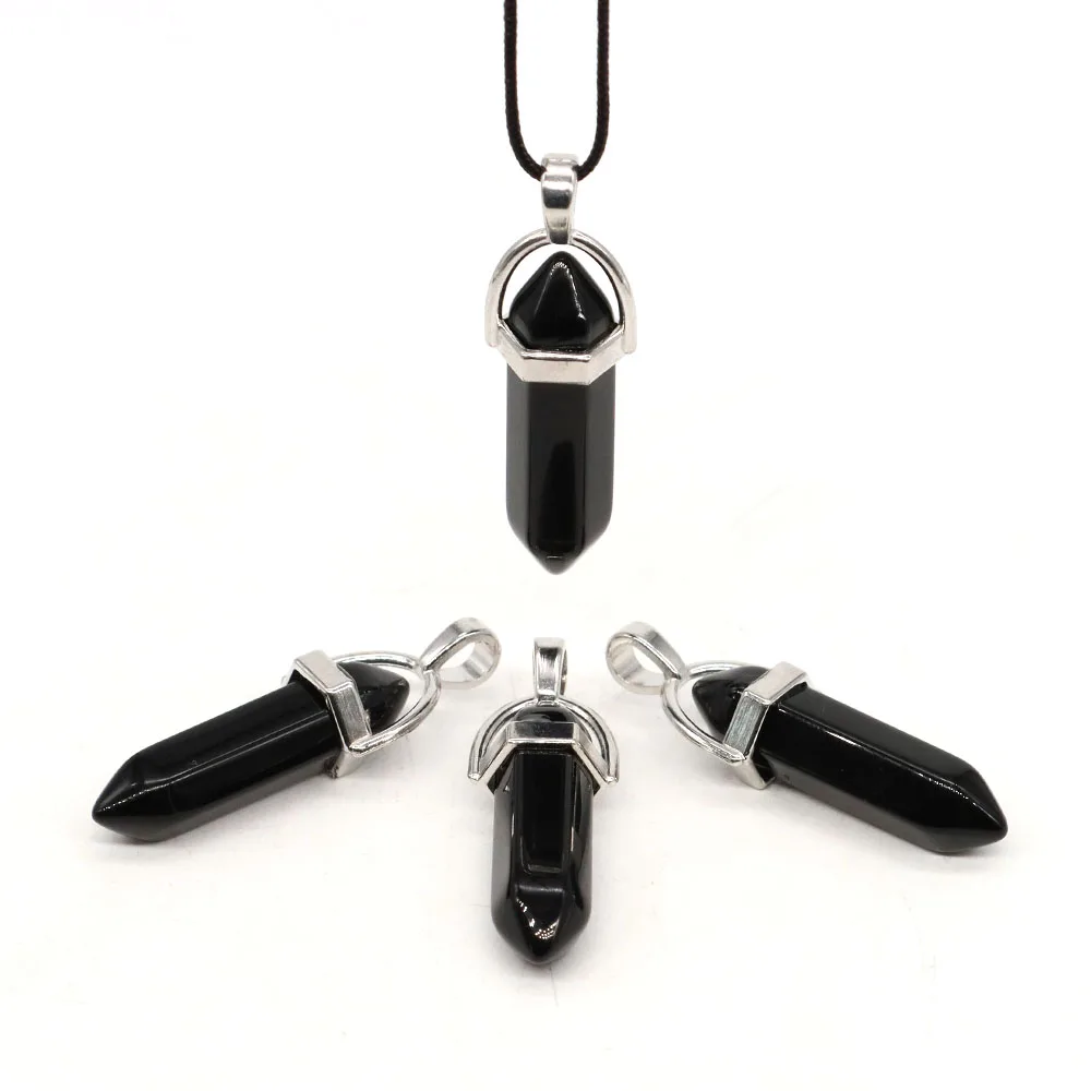 Crystal Hexagonal Column Pendant Natural Stone Black Obsidian Necklaces Chakra Healing Gift Women Men Fashion Jewelry 1PC