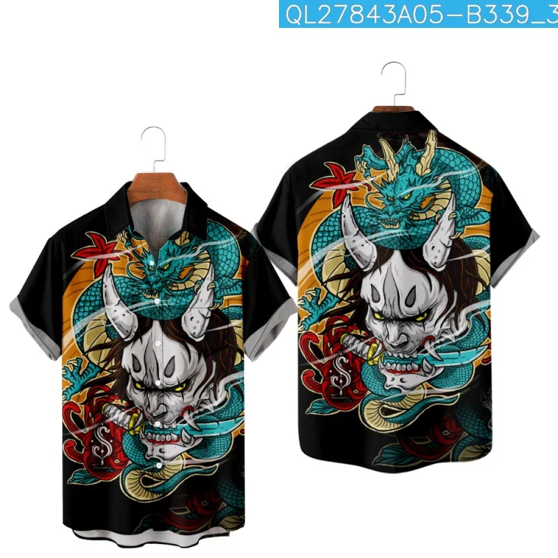 Casual dos desenhos animados dragão demônio impresso manga curta hawaiian praia camisa verão dos homens moda vintage blusa roupas streetwear