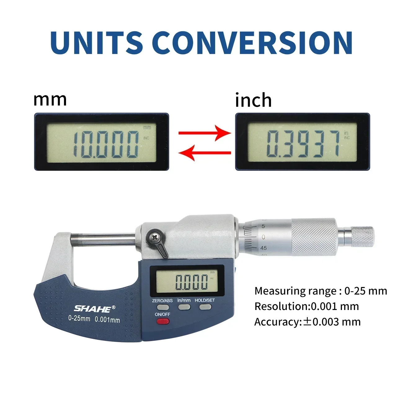 SHAHE 0-25mm 디지털 마이크로 미터, 스케일 라인 전자 외부 마이크로 미터 0.001mm 마이크로 미터 게이지