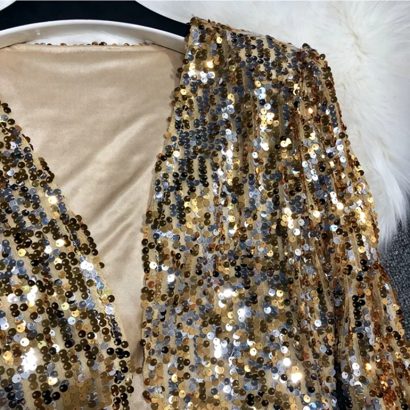 Sequins Patch Jacket Women Spring Long Sleeve Gold Silver Shiny Crop Top Dance Party Korean Slim Open Stitch Female