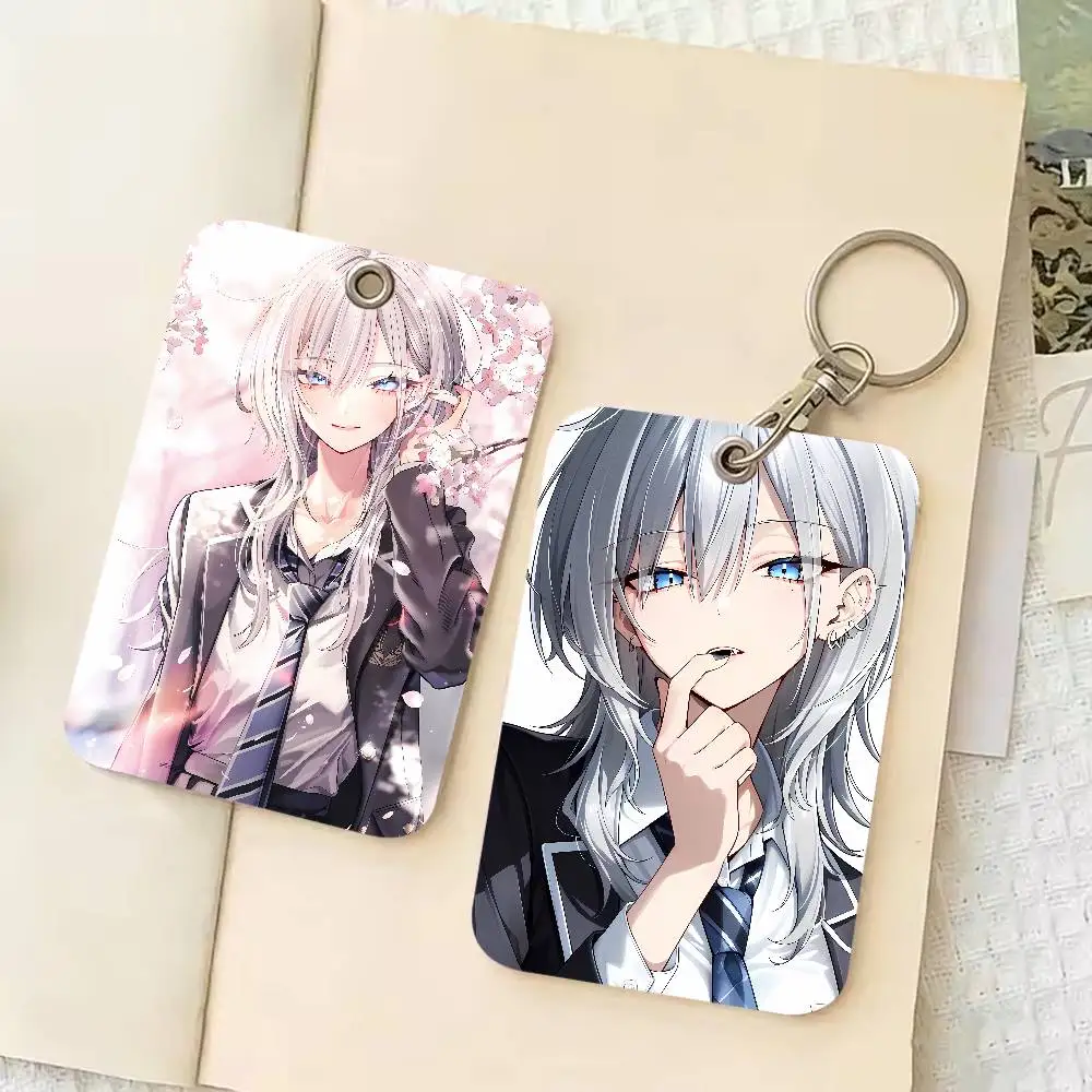 Kawaii Girl Haimiya Anime Rectangle ID Card Case Keychain Access Card Bag Key Tag Ring Leather Card Holder Key Ring Access