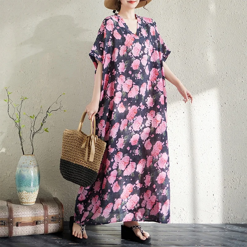 

Summer New Loose Cotton Linen Print V-Neck plus Size Simple Holiday Style Long Dress Women Beach Skirt Artistic Citywalk