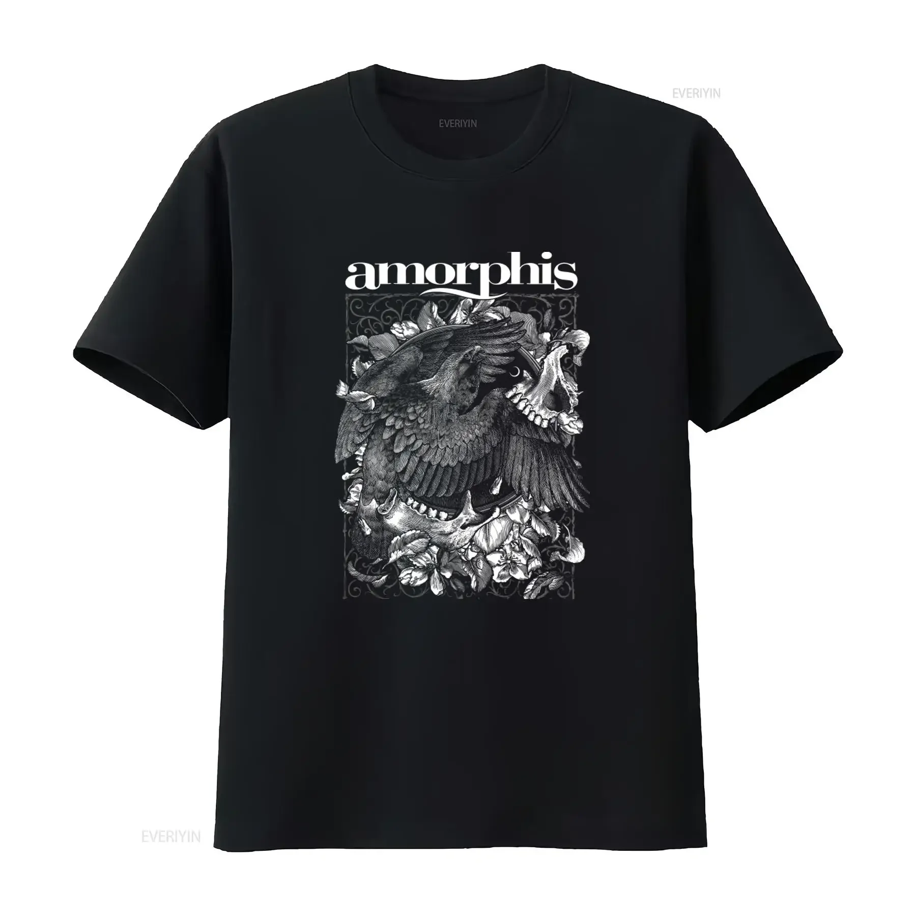 Camiseta negra Amorphis Circle con diseño intrincado de águila y motivos florales, perfecta para fanáticos del metal, estilo vintage, lavada, informal y versátil