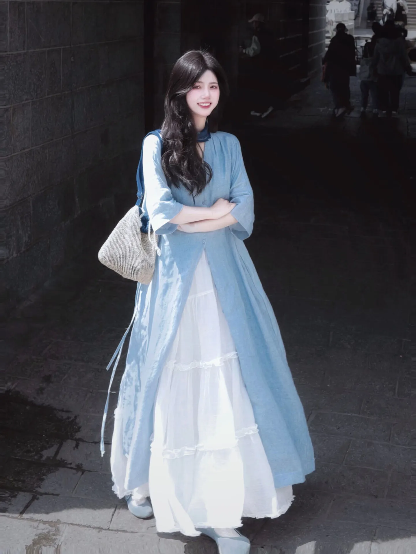 Blue Shirt Dress Set Loose Fit Summer Collection Women's Fashion Casual High Waist V-Neck Button up Two-Piece Ensemble