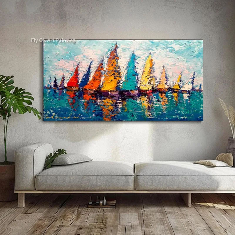 Hand Made Blue And White Sea View Artwork Modern Colorful Soil Boats On The Sea Canvas Oil Painting For Living Room Decor