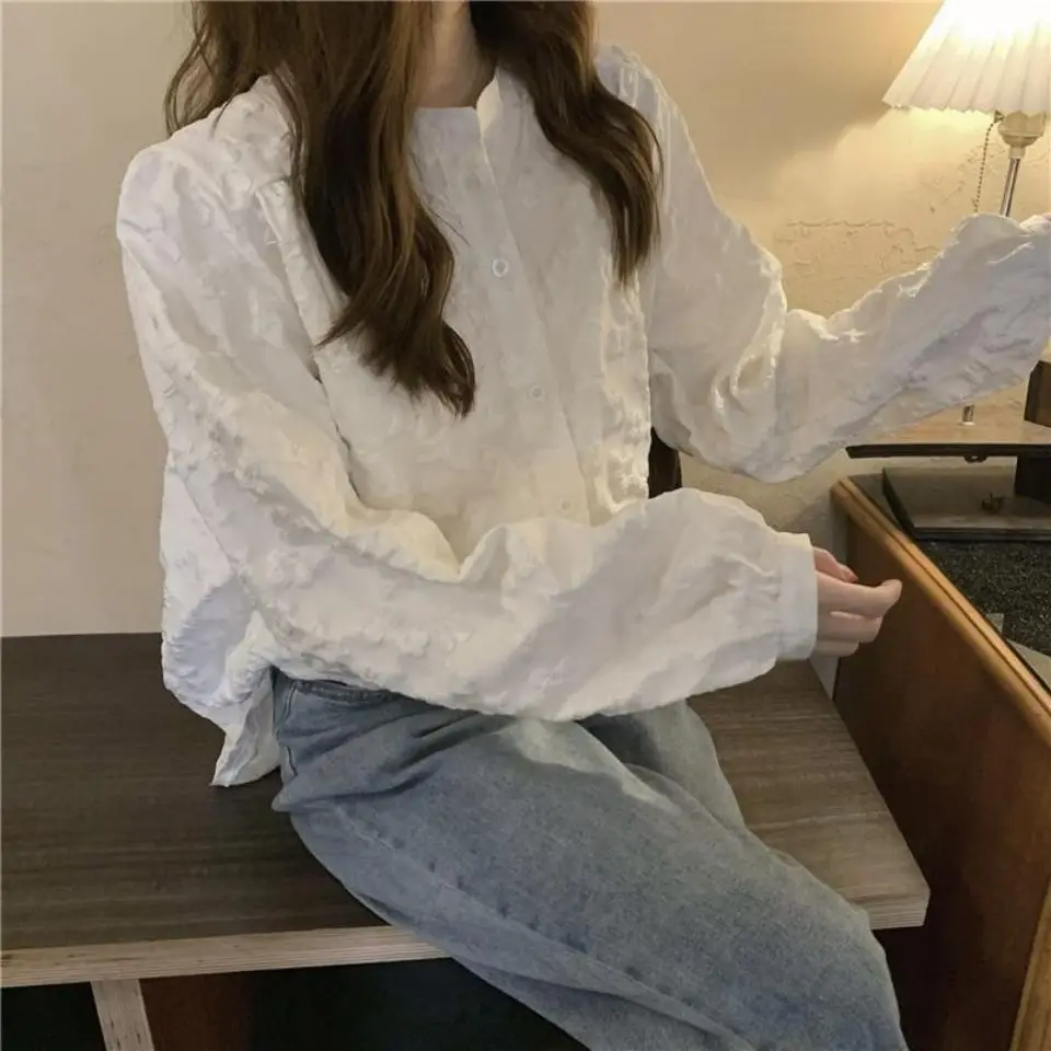 White Shirt for Women Spring Autumn New Style Gentle Lace Design Western-style Bubble Long Sleeved Shirt Top Women