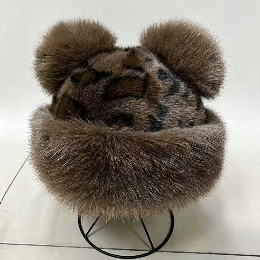 New With Ear Lovely Women's Cap Leopard Print 6 Colors Women's Winter Hat Warm Fluffy Faux Fur Bucket Hat