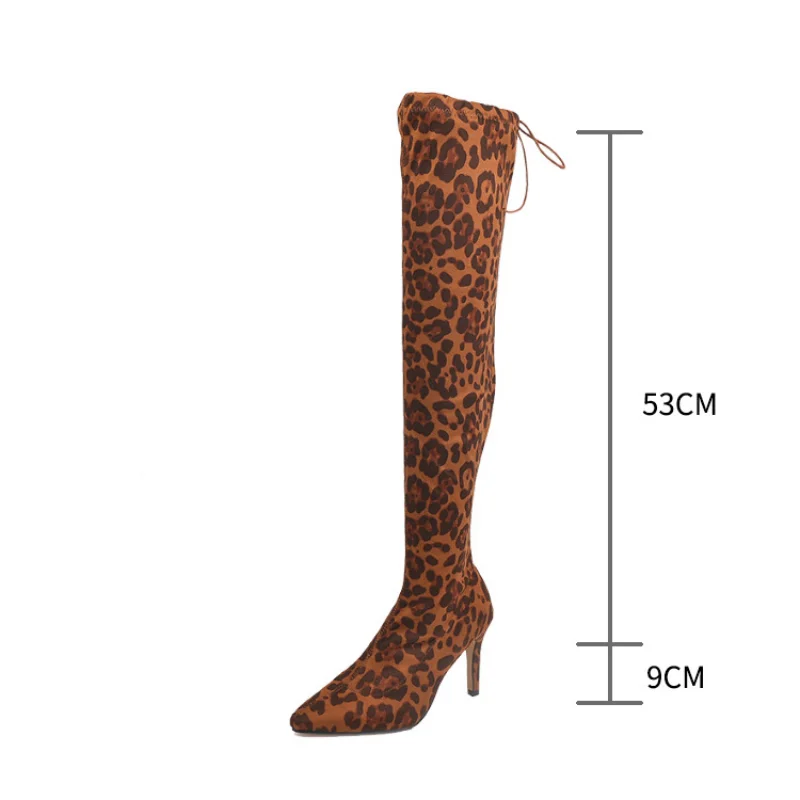 Ladies Fashion Leopard Print Over Knee Boots Autumn Winter High Boots Pointed Toe Stretch Fabric Ladies High Heels Bottes Femme