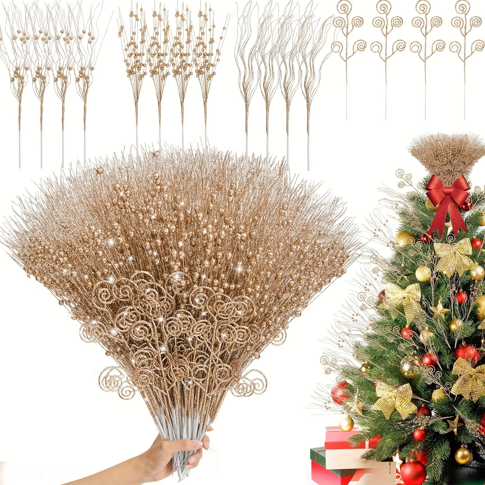 8/16Pcs Glitter Artificial Flowers Berry Bouquet Christmas Tree Ornaments for Home Room Decor New Year 2026 DIY Gift Accessories