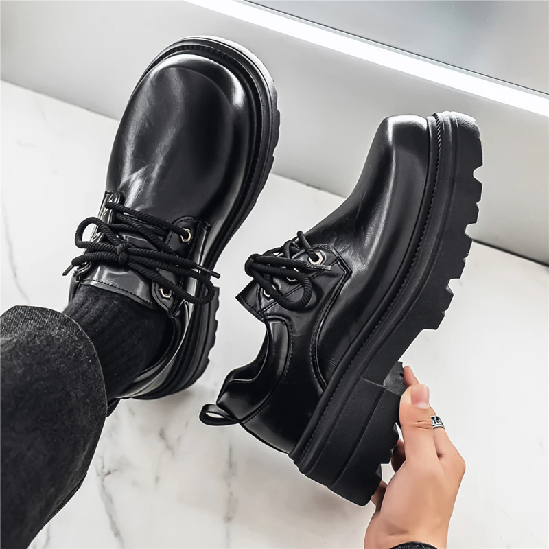 Men's Shoes Casual Leather Shoes Sporty Thick Bottom Heightening Black Large Head Trendy Shoes Autumn New Style British...