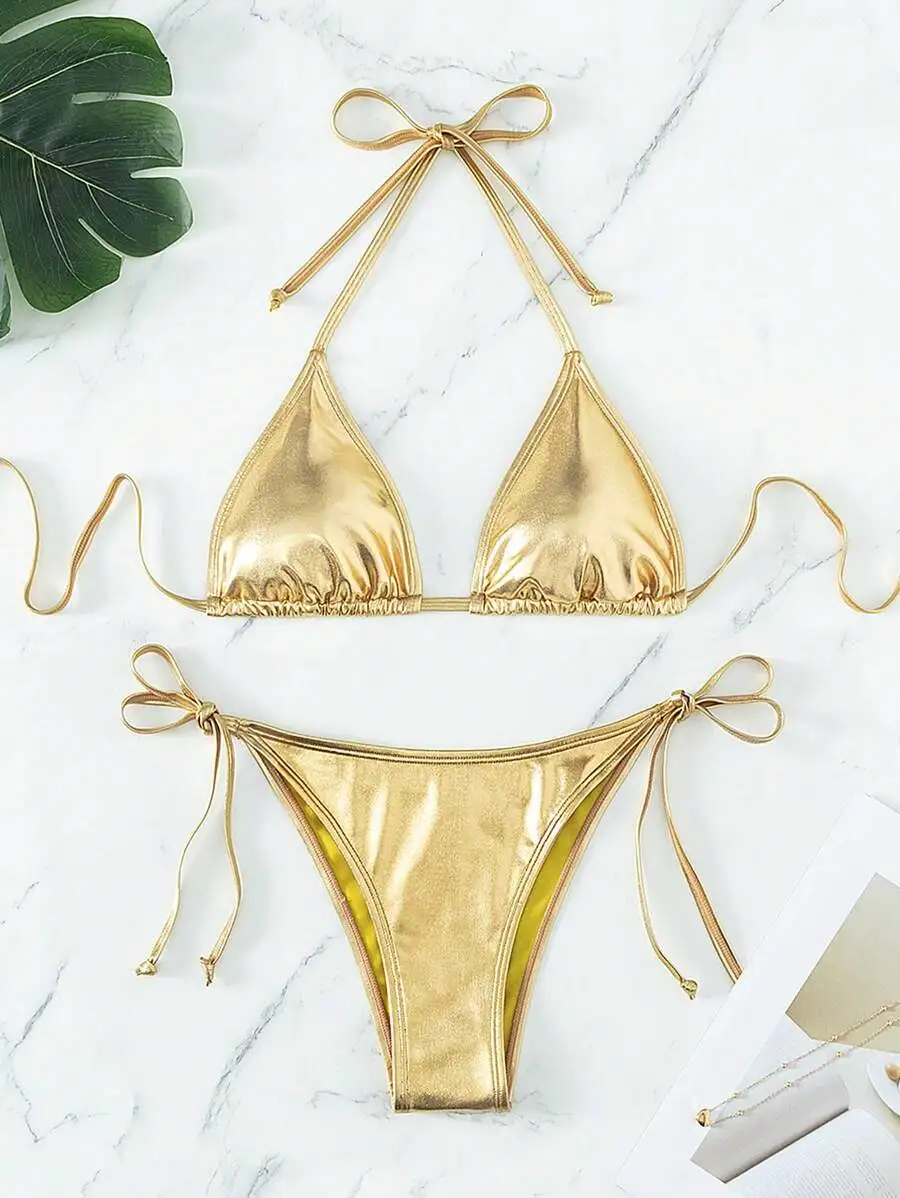 

Metallic Halter Triangle Tie Side Bikini Set For Women Summer Beach Swimwear