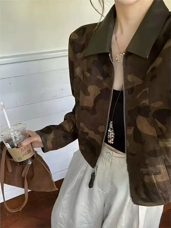 Casual Style Short Length Patchwork Leather Camouflage Jacket Women's Fashionable Autumn New Arrival Zipper Decorated Top