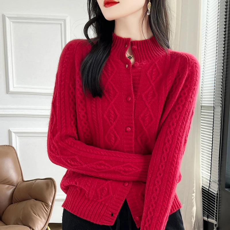 Autumn and Winter New Stand up Cashmere Cardigan Women\'s 100% Pure Wool Loose Fashion Sweater Casual Knitted Long Sleeve Top