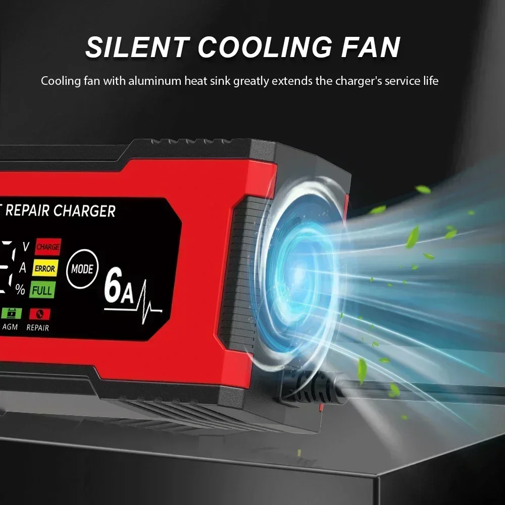 Caricabatteria per auto intelligente 6A 12V Caricabatteria per auto e moto al piombo e mantenitore di riparazione a impulsi intelligente