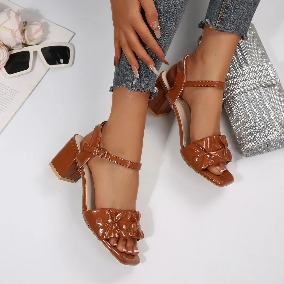 Women Sandals Square Toe Block Heels Sandals 2025 Buckle Strap Comfort Shoes for Women Large Size Fashion Chunky Shoes Female