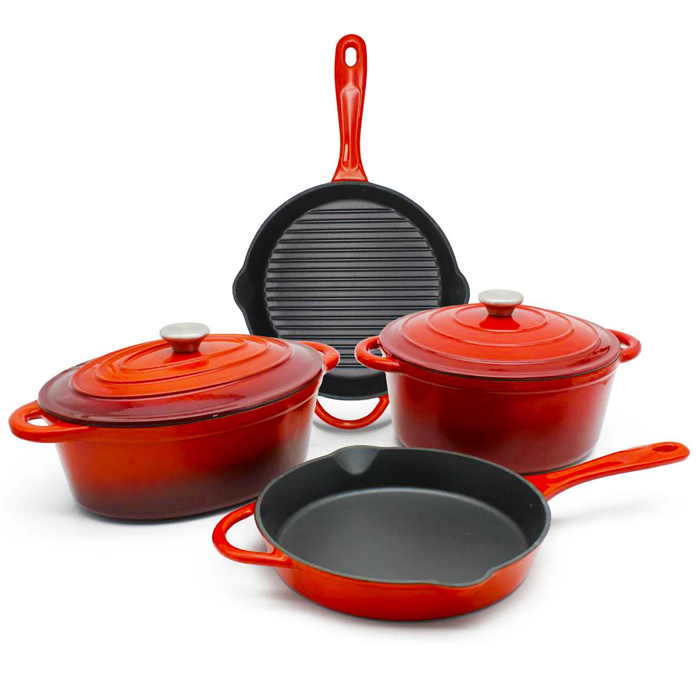 6pcs Cast Iron Pots and Pans Non Stick Cookware Sets Red Enameled    Set