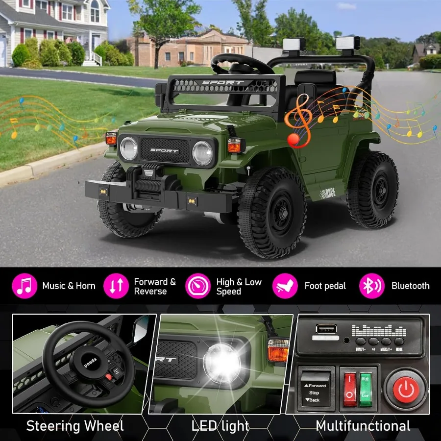 รถยนต์ไฟฟ้าสำหรับเด็กผู้ชาย ขับเคลื่อนด้วยแบตเตอรี่ 12V พร้อมรีโมทคอนโทรล รุ่น Jeep สำหรับเด็กอายุ 3-5 ปี พร้อมระบบกันสะเทือนแบบสปริง บลูทูธ เพลง และไฟ LED