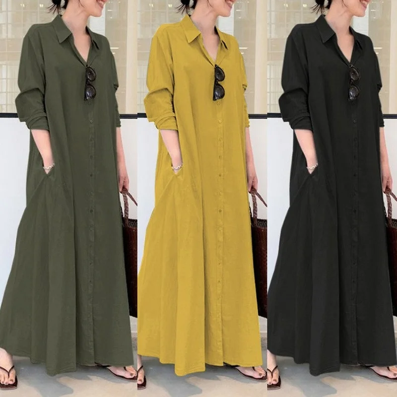 

Abaya Femme Cotton Linen Solid Color Lapel Long Sleeve Pocket Abayas For Women Simple Loose Casual Long Shirt Women 'S Dress