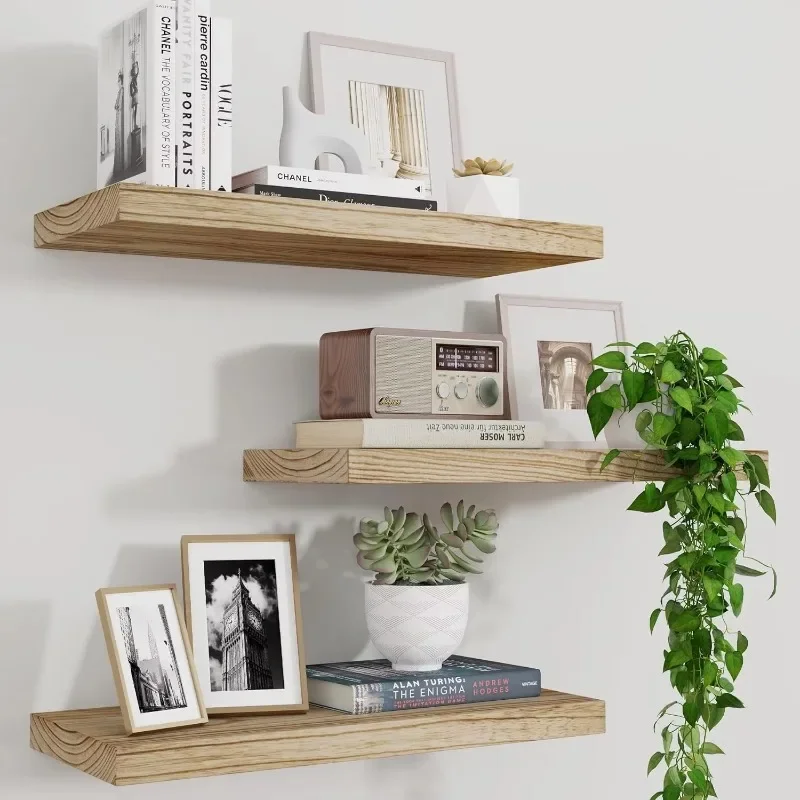 Wooden wall-mounted shelving 17-inch triple-layer display stand for bedroom, kitchen or living room wall storage