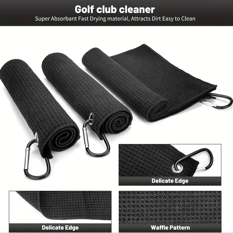 1 Pc Black Golf Towel Microfiber Waffle Pattern Golf Towel (30*30cm, 12*12in ) | Club Groove Cleaner Brush | Foldable Divot Repa - Detail Angle #03