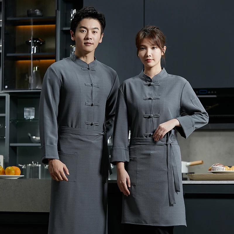 เสื้อเชฟผ้าลินินสีเทา เสื้อแจ็คเก็ตครัวสีดำขาว ชุดยูนิฟอร์มสำหรับงานจัดเลี้ยง โรงแรม ซูชิ เสื้อเชฟร้านอาหาร ชุดทำงานร้านเบเกอรี่ เสื้อพนักงาน